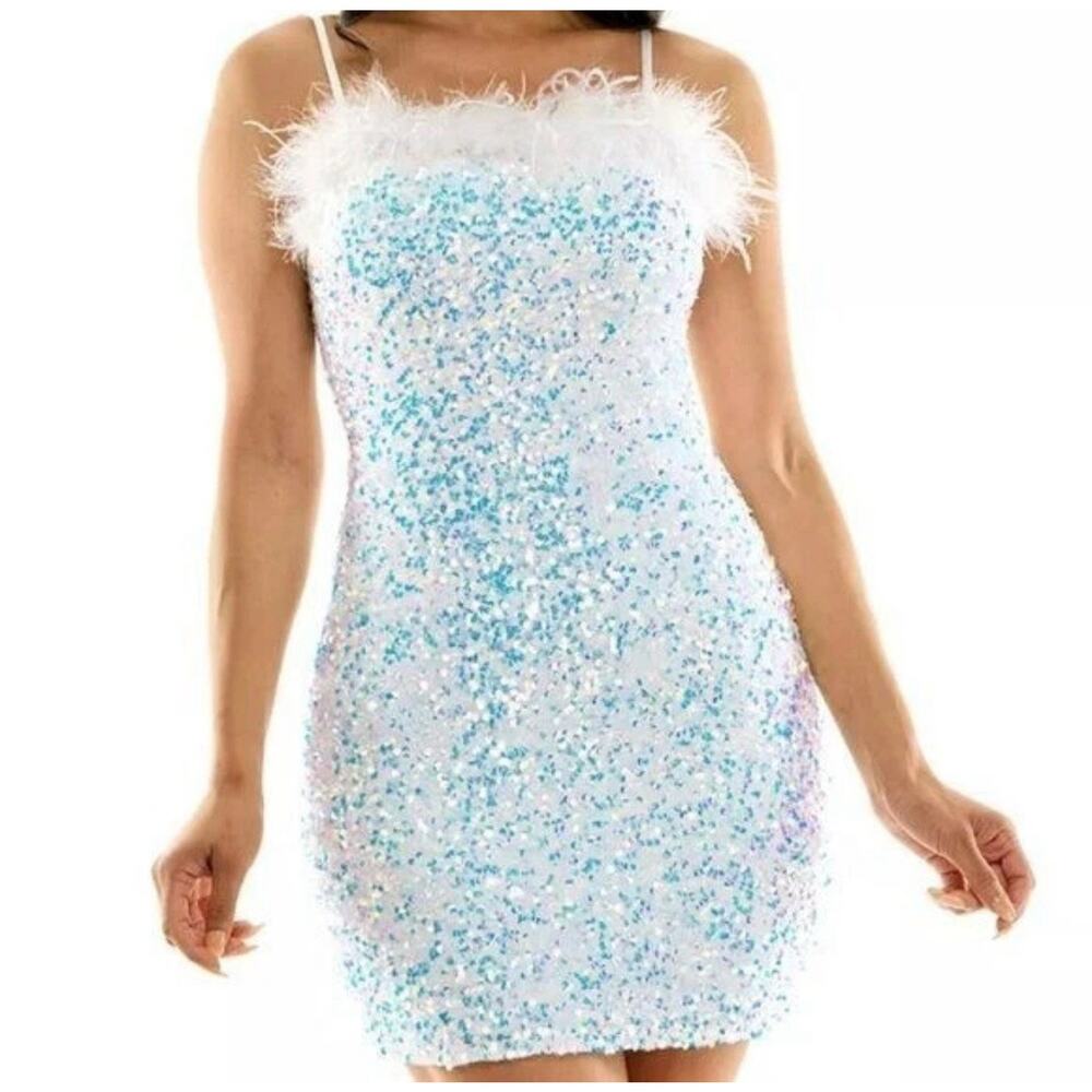 NWT B Darlin Womens Juniors Feather-Trim Sequined Velvet Halter Dress SIZE 9/10